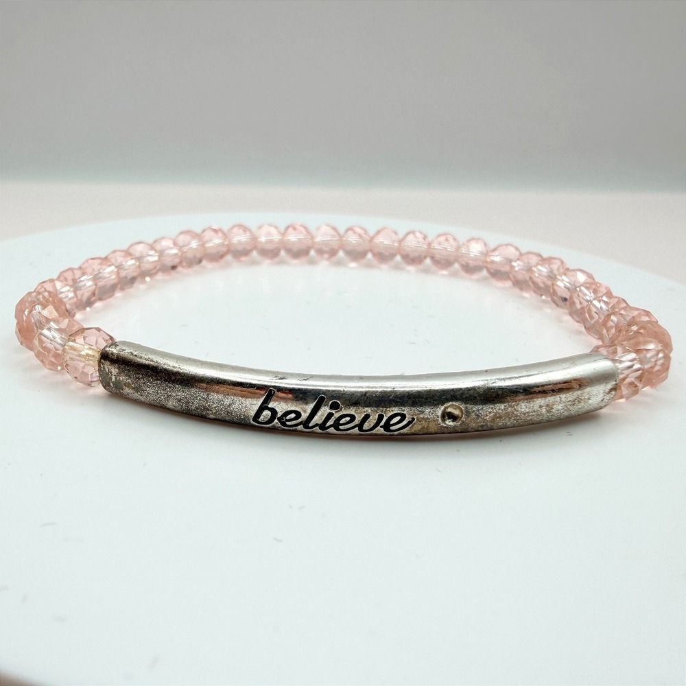 Vintage Y2K Believe Silver Tone Pink Beaded Stretch Bracelet Women's Jewelry 90s